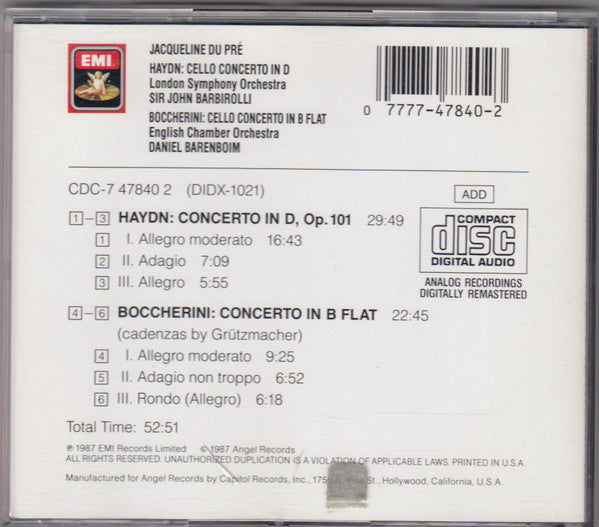 Jacqueline Du Pré, Daniel Barenboim, Joseph Haydn, Luigi Boccherini, English Chamber Orchestra : Cello Concerto in D / Cello Concerto in B Flat (CD, Comp, RM)