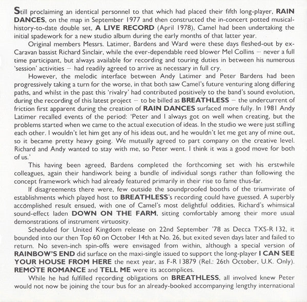 Camel : Breathless (CD, Album, RE, RM)