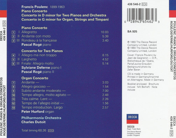 Francis Poulenc, Pascal Rogé, Sylviane Deferne, Peter Hurford, Philharmonia Orchestra, Charles Dutoit : Piano Concerto / Concerto For 2 Pianos / Organ Concerto (CD)