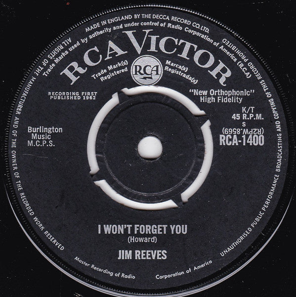 Jim Reeves : I Won't Forget You (7", Single)