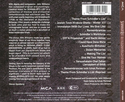 John Williams (4) : Schindler's List (Music From The Original Motion Picture Soundtrack) (CD, Album)