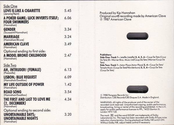 Kip Hanrahan : Days And Nights Of Blue Luck Inverted (Cass, Album)