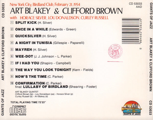 Art Blakey & Clifford Brown : New York City, Birdland Club, February 21, 1954 (CD, Comp, RP)