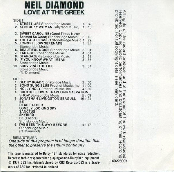 Neil Diamond : Love At The Greek - Recorded Live At The Greek Theatre (Cass, Album)