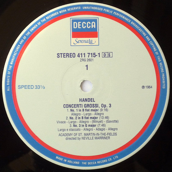 Georg Friedrich Händel – The Academy Of St. Martin-in-the-Fields, Sir Neville Marriner : Concerti Grossi Op. 3 (LP, RE)