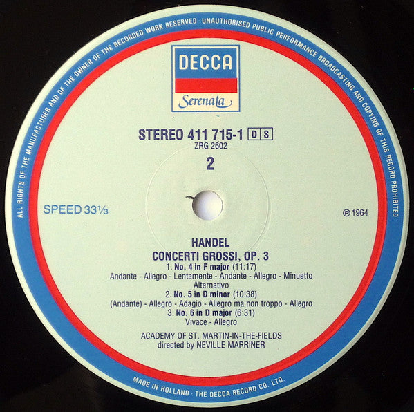 Georg Friedrich Händel – The Academy Of St. Martin-in-the-Fields, Sir Neville Marriner : Concerti Grossi Op. 3 (LP, RE)