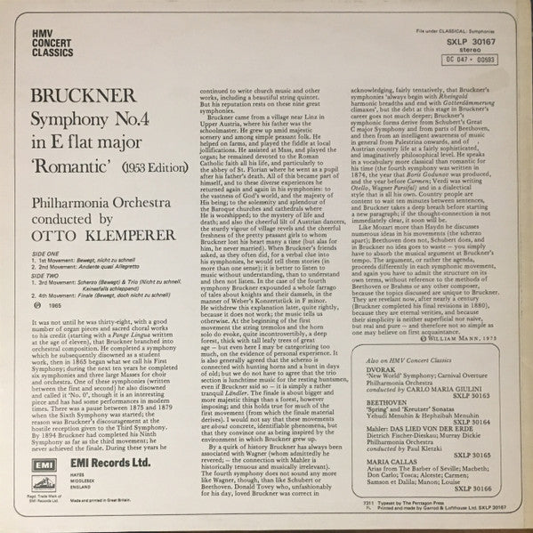 Anton Bruckner, Otto Klemperer, Philharmonia Orchestra : Symphony No. 4 ('Romantic') (LP, RE)