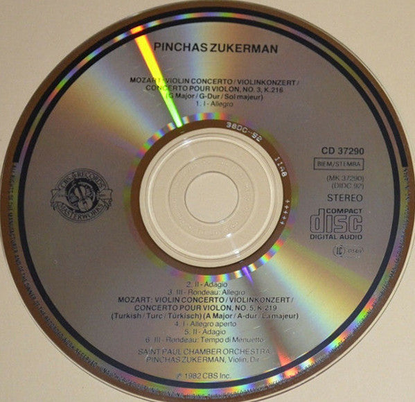 Wolfgang Amadeus Mozart, Pinchas Zukerman, The Saint Paul Chamber Orchestra : Violin Concerti Nos. 3 & 5 (CD, Album, RE)