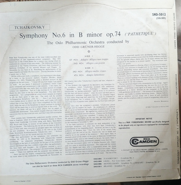 Pyotr Ilyich Tchaikovsky, Oslo Filharmoniske Orkester, Odd Grüner-Hegge : Tchaikovsky Pathetique Symphony (LP)