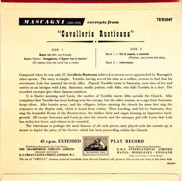 Pietro Mascagni - Zinka Milanov, Margaret Roggero, Robert Merrill, The Robert Shaw Chorale, RCA Victor Symphony Orchestra Conducted By Renato Cellini : Cavalleria Rusticana (7", EP, Mono)