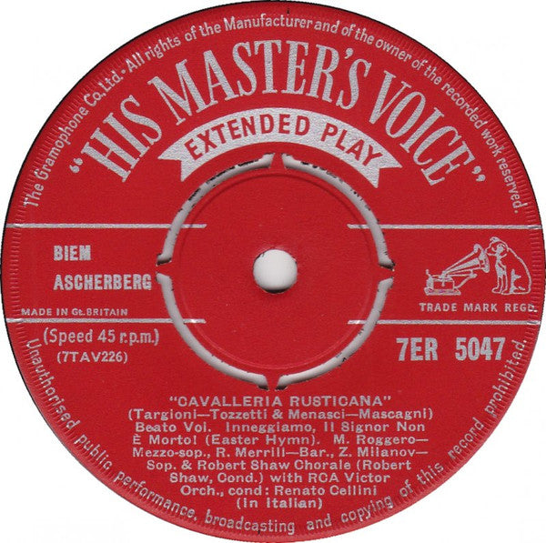 Pietro Mascagni - Zinka Milanov, Margaret Roggero, Robert Merrill, The Robert Shaw Chorale, RCA Victor Symphony Orchestra Conducted By Renato Cellini : Cavalleria Rusticana (7", EP, Mono)