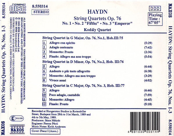 Joseph Haydn - Kodály Quartet : String Quartets Op. 76 (No. 1 • No. 2 'Fifths' • No. 3 'Emperor') (CD, RE)