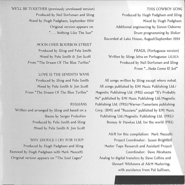 Sting : Fields Of Gold: The Best Of Sting 1984 - 1994 (CD, Comp, RE, RM)