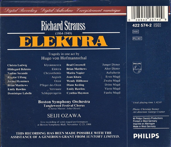 Richard Strauss – Hildegard Behrens • Christa Ludwig • Nadine Secunde • Ragnar Ulfung • Jorma Hynninen / Boston Symphony Orchestra • Seiji Ozawa : Elektra (2xCD, Album, RE)