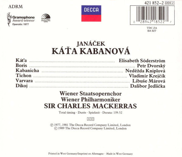 Leoš Janáček - Elisabeth Söderström •  Peter Dvorský •  Naděžda Kniplová •  Wiener Philharmoniker •  Sir Charles Mackerras : Káťa Kabanová (2xCD, Comp, RE, RM + Box, Sli)