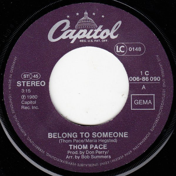 Thom Pace : Belong To Someone (7", Single)