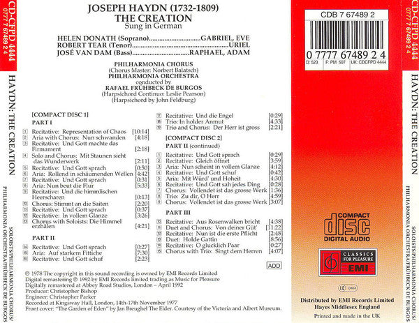 Joseph Haydn - Helen Donath • Robert Tear • José van Dam • Philharmonia Orchestra And Philharmonia Chorus • Rafael Frühbeck De Burgos : The Creation (2xCD, Album, RE, RM)