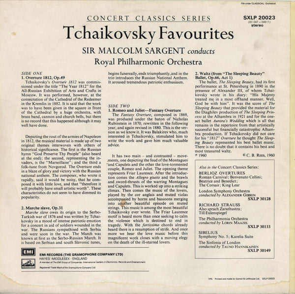 Pyotr Ilyich Tchaikovsky / Royal Philharmonic Orchestra, Sir Malcolm Sargent : '1812' - Marche Slave - Romeo & Juliet - Sleeping Beauty Waltz (LP, Album, RE)