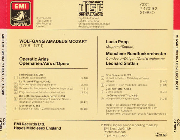 Wolfgang Amadeus Mozart - Lucia Popp : Opernarien Von W.A. Mozart (CD, Album)
