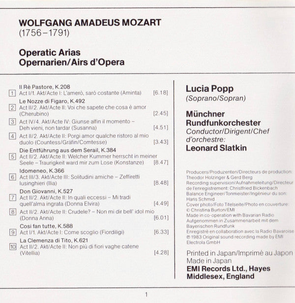 Wolfgang Amadeus Mozart - Lucia Popp : Opernarien Von W.A. Mozart (CD, Album)