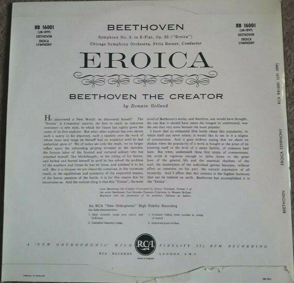 Ludwig van Beethoven, Chicago Symphony Orchestra, Fritz Reiner : Eroica (LP, Album, Mono)