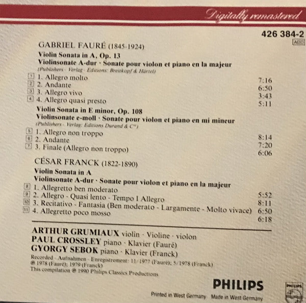 Gabriel Fauré, César Franck - Arthur Grumiaux, Paul Crossley (2), György Sebök : The Violin Sonatas (CD, Comp, RE, RM)
