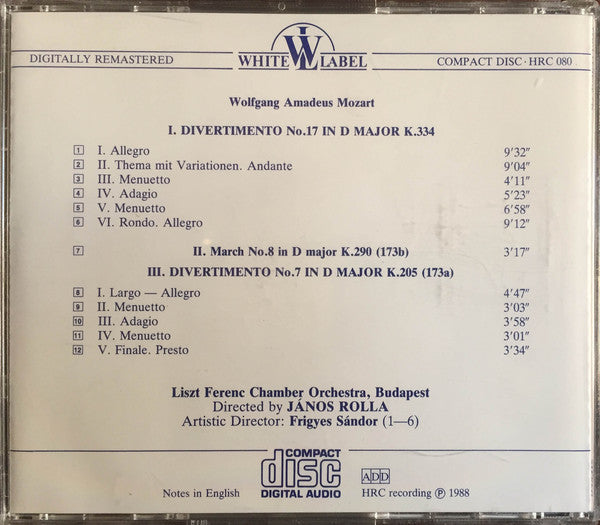 Wolfgang Amadeus Mozart - Liszt Ferenc Chamber Orchestra : Two Divertimentos In D Major K.334 & 205 (CD, Album, RM)