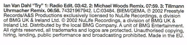 Ian Van Dahl : Try (CD, Single)