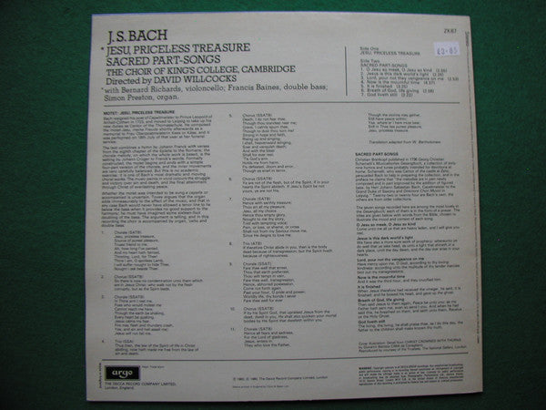 Johann Sebastian Bach, The King's College Choir Of Cambridge Directed By David Willcocks : Jesu, Priceless Treasure / Sacred Part-Songs (LP)