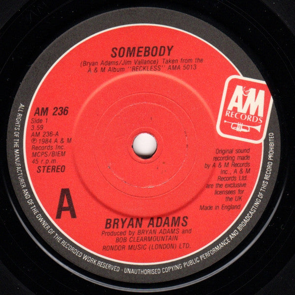 Bryan Adams : Somebody (7", Single, Sol)