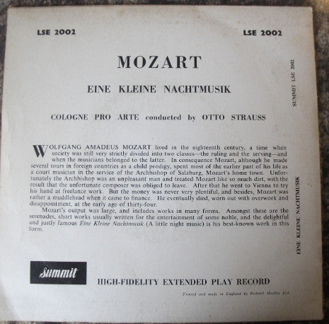 Wolfgang Amadeus Mozart, Cologne Pro Arte ,Conducted By Otto Strauss : Eine Kleine Nachtmusik (7", EP)