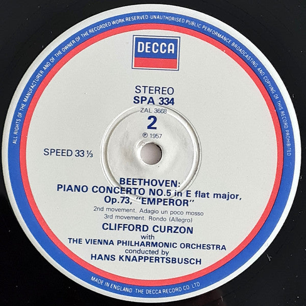 Ludwig van Beethoven, Clifford Curzon, Wiener Philharmoniker, Hans Knappertsbusch : Piano Concerto No.5 'Emperor' (LP, RE)