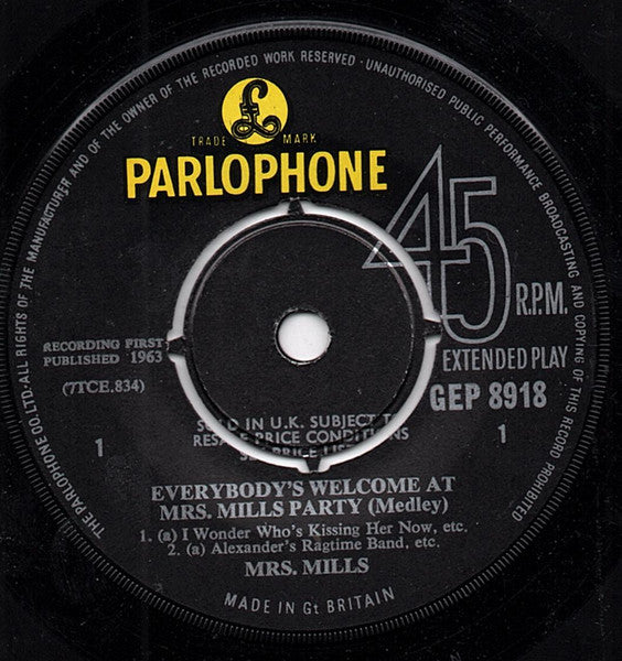 Mrs. Mills : Everybody's Welcome At Mrs. Mills' Party (7", EP, Mono)
