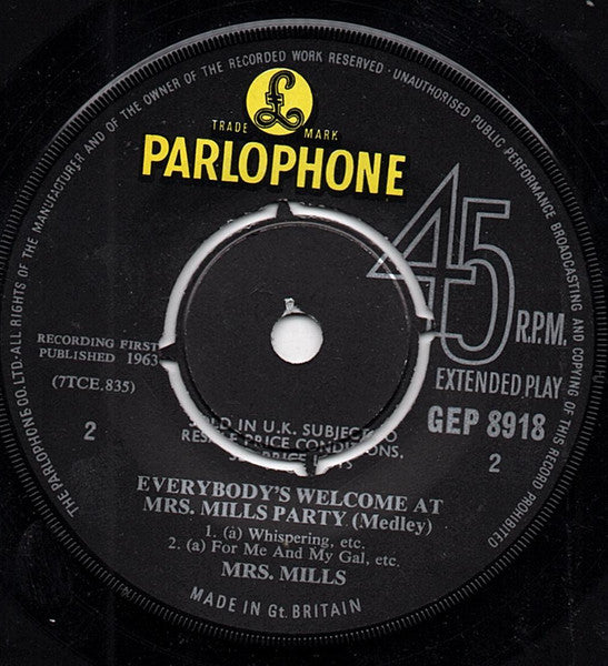 Mrs. Mills : Everybody's Welcome At Mrs. Mills' Party (7", EP, Mono)