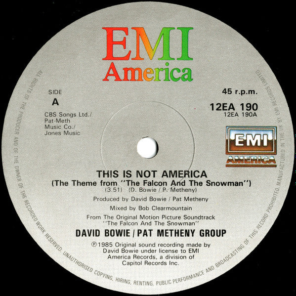 David Bowie / Pat Metheny Group : This Is Not America (Theme From The Original Motion Picture, The Falcon And The Snowman) (12", Single)
