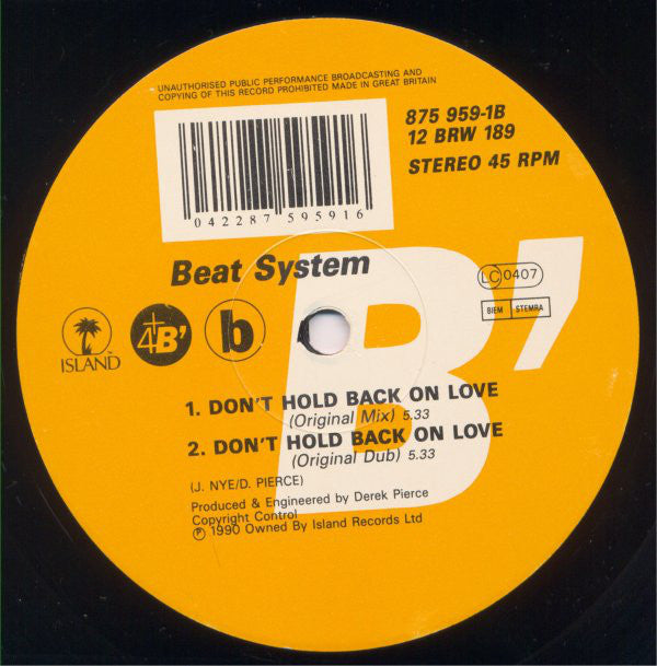 Beatsystem : Don't Hold Back On Love (12")
