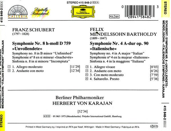 Franz Schubert, Felix Mendelssohn-Bartholdy - Berliner Philharmoniker, Herbert von Karajan : Symphonie Nr. 8 »Unvollendete« / Symphonie Nr. 4 »Italienische« (CD, Comp, RE, RM)