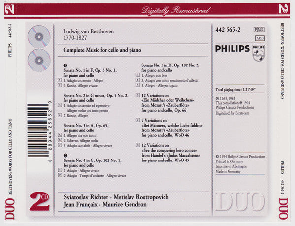 Ludwig van Beethoven - Mstislav Rostropovich, Sviatoslav Richter, Maurice Gendron, Jean Françaix : Complete Music For Cello And Piano (2xCD, Comp, RE, RM)