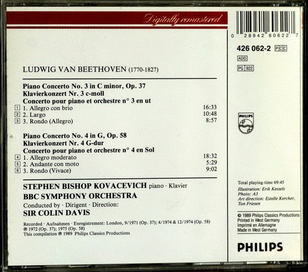 Ludwig van Beethoven, Stephen Bishop-Kovacevich, BBC Symphony Orchestra, Sir Colin Davis : Piano Concertos = Klavierkonzerte Nr. 3 & 4 (CD, Comp, RE, RM, PDO)