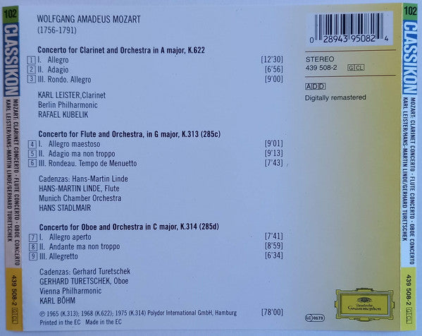 Wolfgang Amadeus Mozart, Karl Leister, Hans-Martin Linde, Gerhard Turetschek : Clarinet Concerto - Flute Concerto - Oboe Concerto  (CD, Comp, RM)