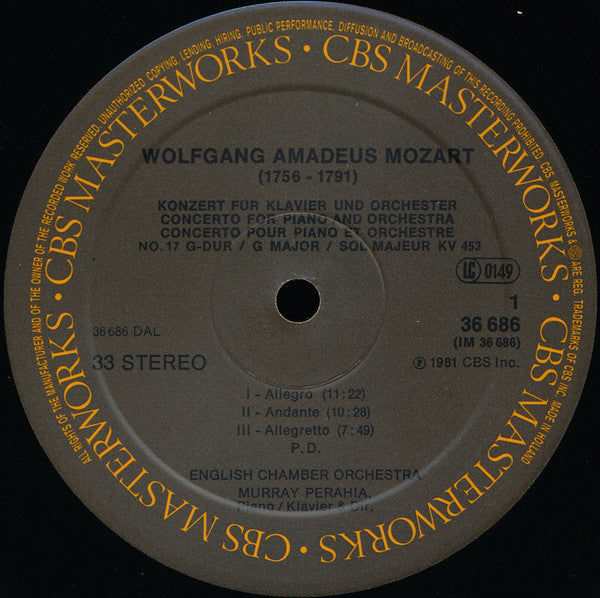 Wolfgang Amadeus Mozart – Murray Perahia ∙ English Chamber Orchestra : Mozart Concerti No. 17, K. 453 ∙ No. 18,  K. 456 (LP, Album, RE)