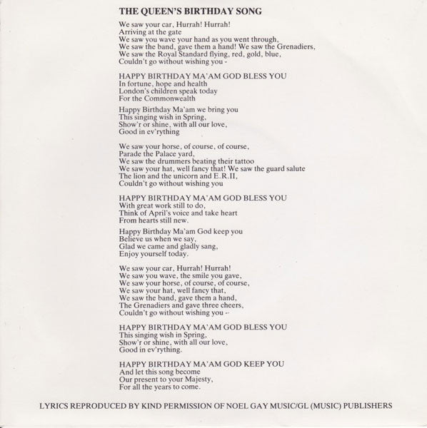 St. John's College Choir And The Band Of The Grenadier Guards : The Queen's Birthday Song (7", Single)