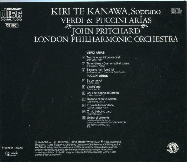 Giuseppe Verdi & Giacomo Puccini / Kiri Te Kanawa, John Pritchard, London Philharmonic Orchestra : Verdi & Puccini (CD, Album, RE)