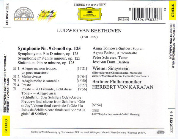 Ludwig van Beethoven, Anna Tomowa-Sintow • Agnes Baltsa • Peter Schreier • José van Dam, Wiener Singverein, Berliner Philharmoniker, Herbert von Karajan : Symphonie Nr. 9 (CD, Album, RE)