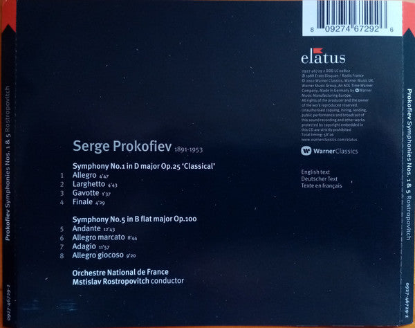 Sergei Prokofiev, Orchestre National De France, Mstislav Rostropovich : Symphonies Nos. 1 & 5 (CD, Album)