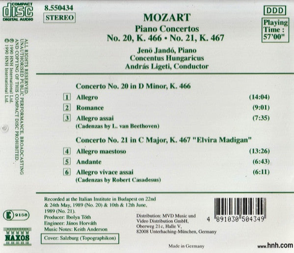 Wolfgang Amadeus Mozart – Jenö Jandó, Concentus Hungaricus / András Ligeti : Piano Concertos K.466 & 467 "Elvira Madigan" (CD, Album, RE)