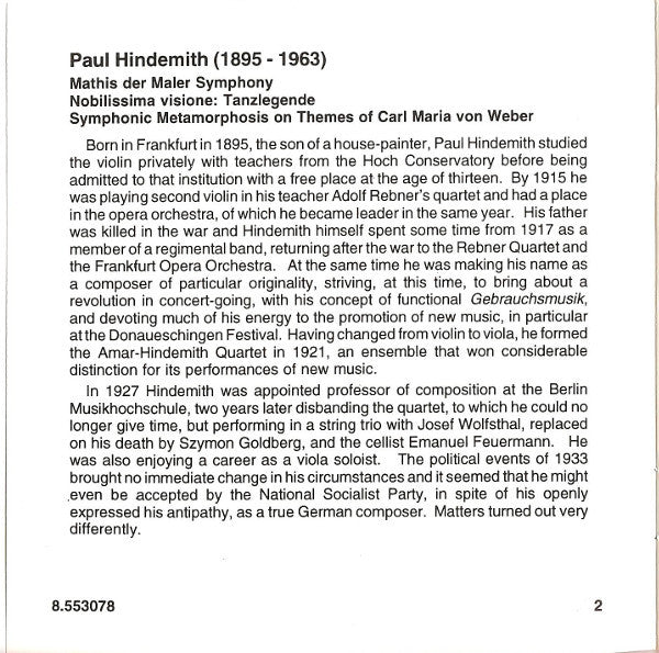 Paul Hindemith, New Zealand Symphony Orchestra, Franz-Paul Decker : Mathis Der Maler Symphony, Nobilissima Visione, Symphonic Metamorphosis (CD, Album)