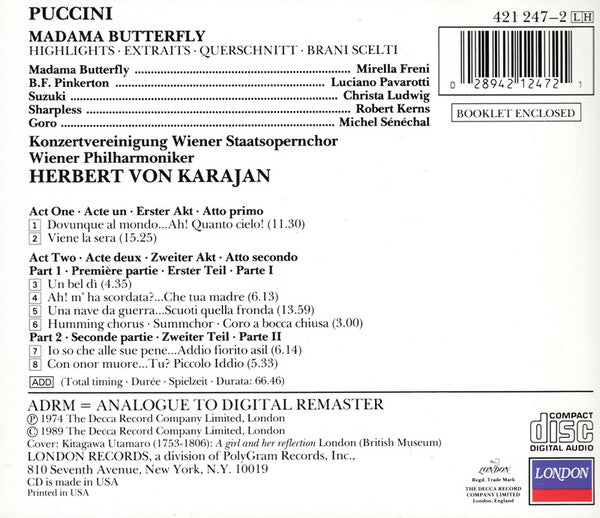 Giacomo Puccini, Mirella Freni, Luciano Pavarotti, Christa Ludwig, Robert Kerns, Wiener Philharmoniker, Herbert von Karajan : Madama Butterfly (Highlights) (CD, Album, RE, RM)