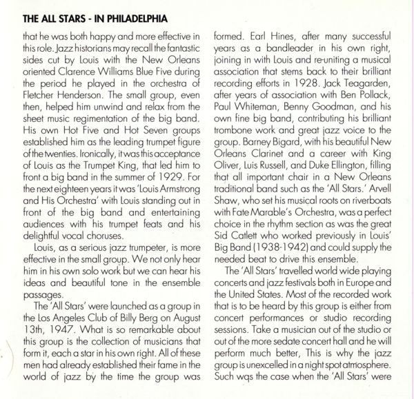 Louis Armstrong And His All-Stars : The All Stars In Philadelphia (CD, Mono)