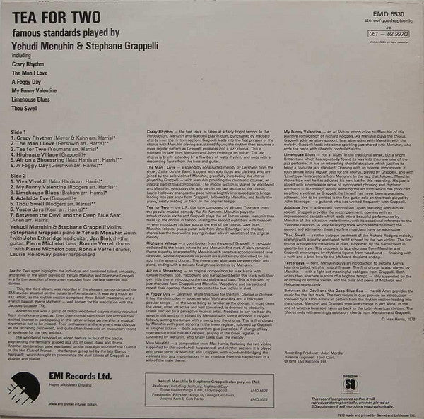 Yehudi Menuhin & Stéphane Grappelli : Tea For Two (LP, Album, Quad)